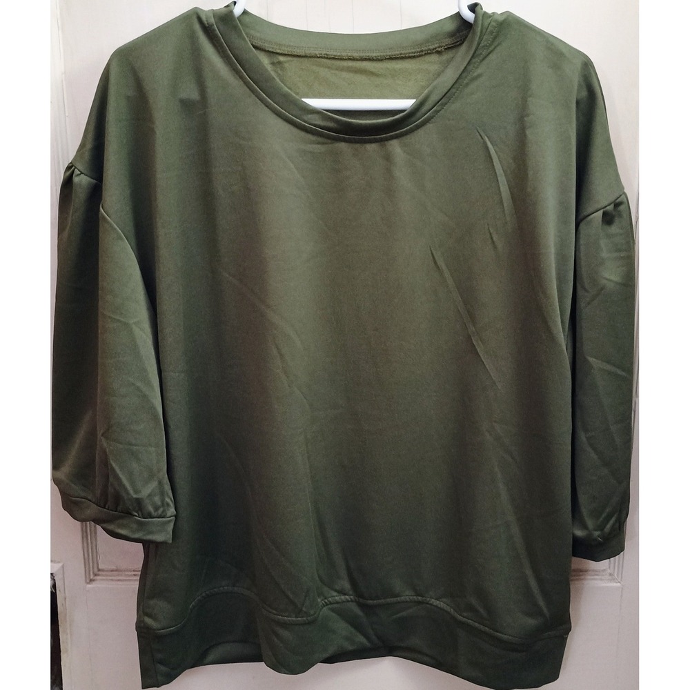 Womens Olive Green Puff 3/4 Sleeve Pullover Sweatshirt Crew Neck Relaxed Top